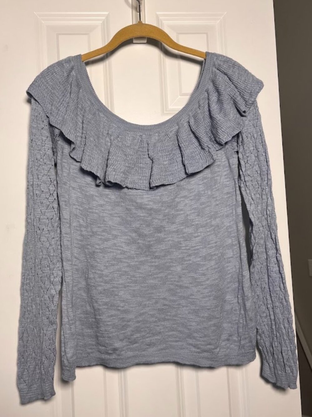 LC Lauren Conrad Heather Light Blue Ruffle Neck Pointelle Knit Off-The-Shoulder